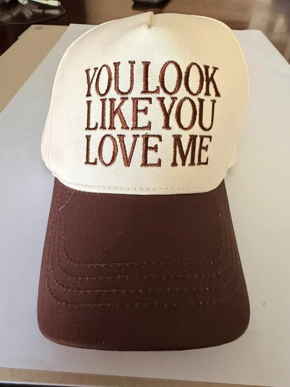 “YOU LOOK LIKE YOU LOVE ME” Ivory & Brown Embroidered Trucker Hat (BRAND-NEW) - Picture 2 of 4